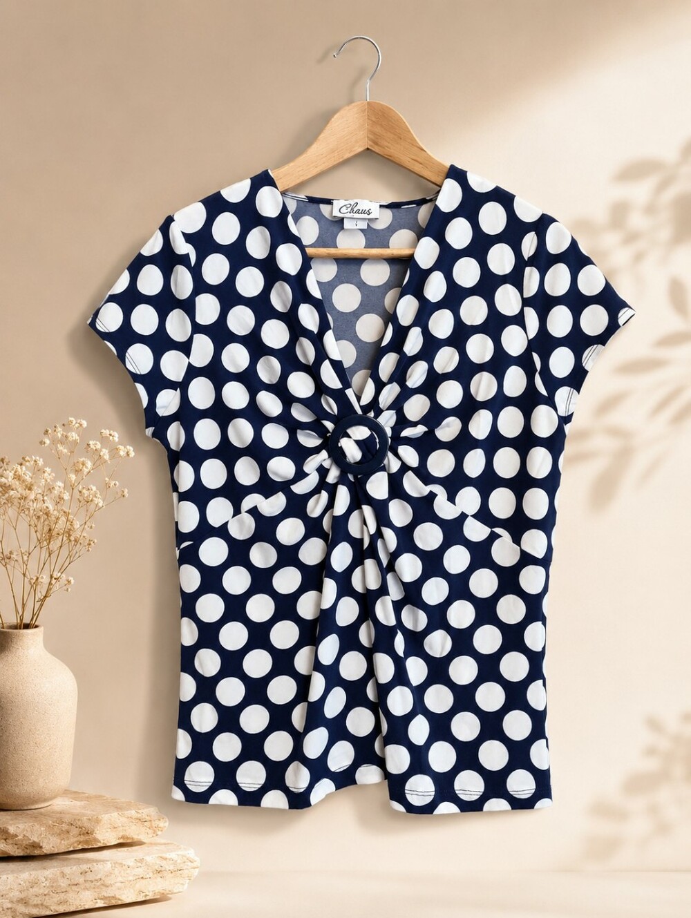 Chaus Navy and White Polka Dot Knot-Front Blouse